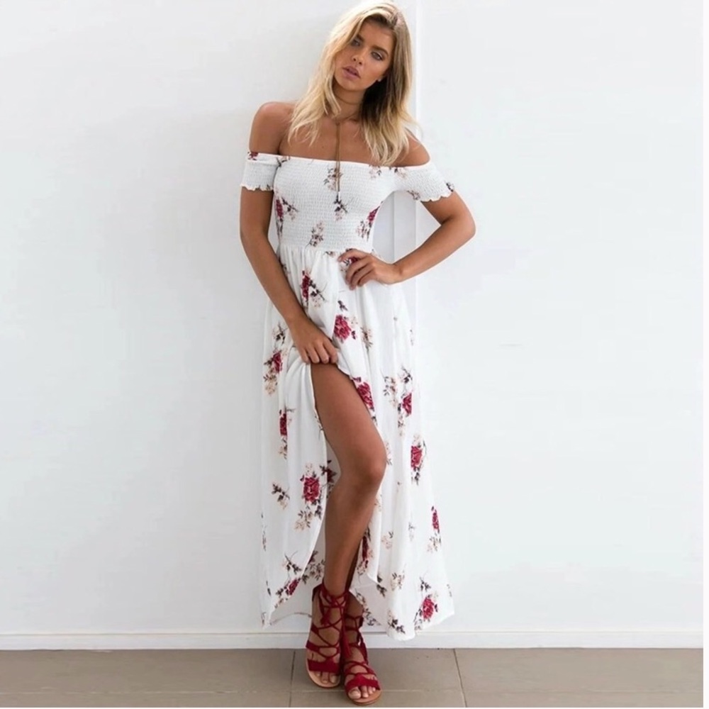 SALE• Floral OTS high low slit dress